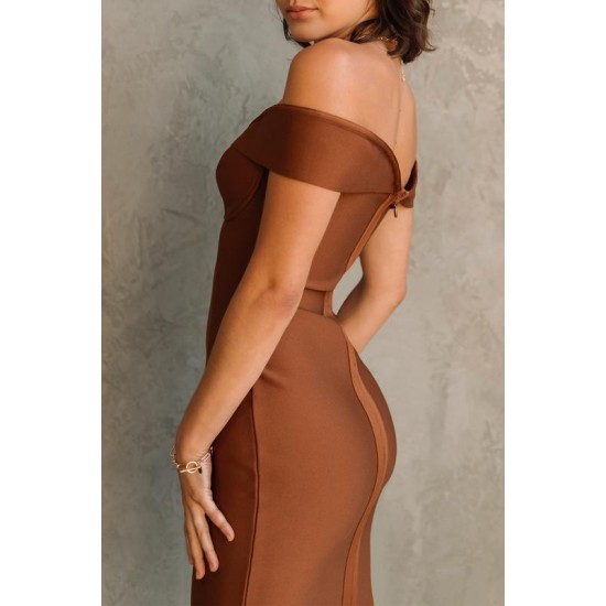 Shop Alieva Jade Off-Shoulder Bandage Dress (Tawny Brown)