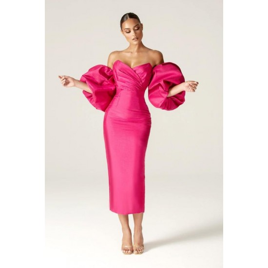 Shop Alieva Tiffany Dupioni Puff Sleeve Maxi Dress (Hot Pink)