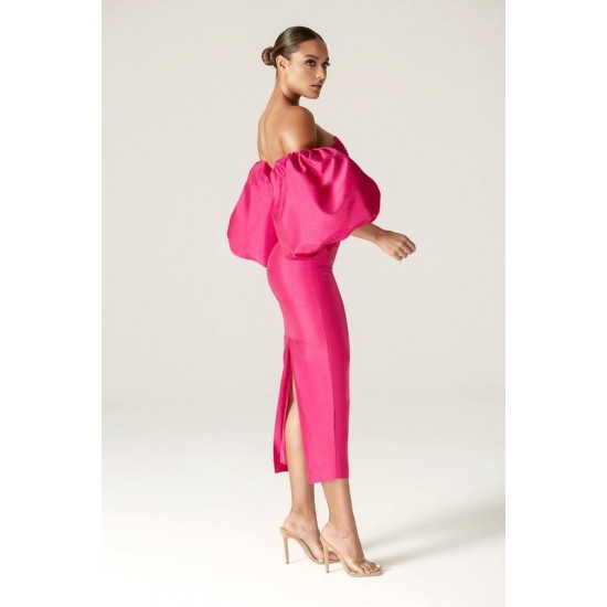 Shop Alieva Tiffany Dupioni Puff Sleeve Maxi Dress (Hot Pink)