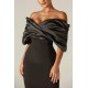 Shop Alieva Maribel Crepe Ruffle Shoulder Dress (Black)