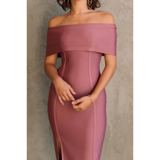 Shop Alieva Miel Off Shoulder Bandage Dress (Thulian Pink)