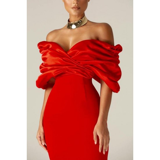 Shop Alieva Maribel Crepe Ruffle Shoulder Dress (Red)
