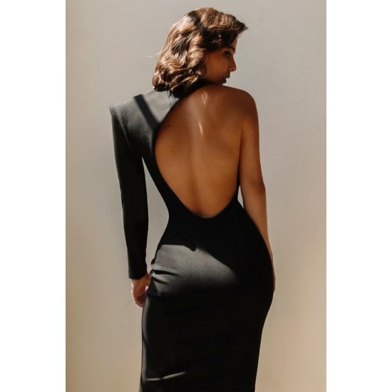 Shop Alieva Elvia One Sleeve Midi Dress (Black)