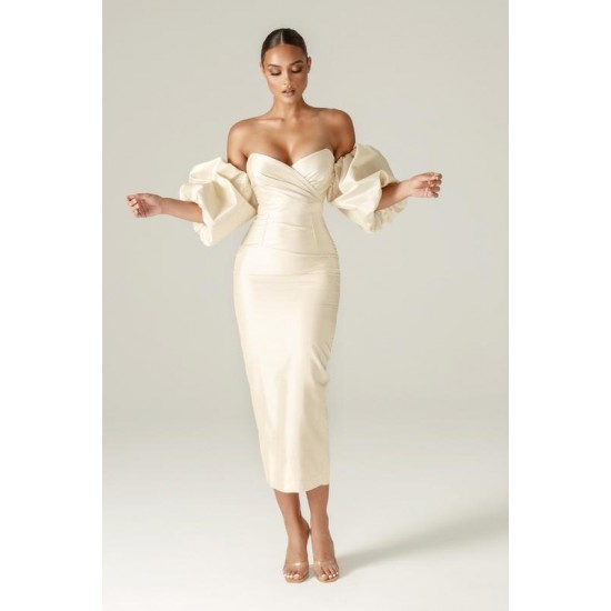 Shop Alieva Tiffany Dupioni Puff Sleeve Maxi Dress (Beige)