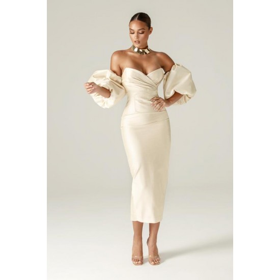 Shop Alieva Tiffany Dupioni Puff Sleeve Maxi Dress (Beige)
